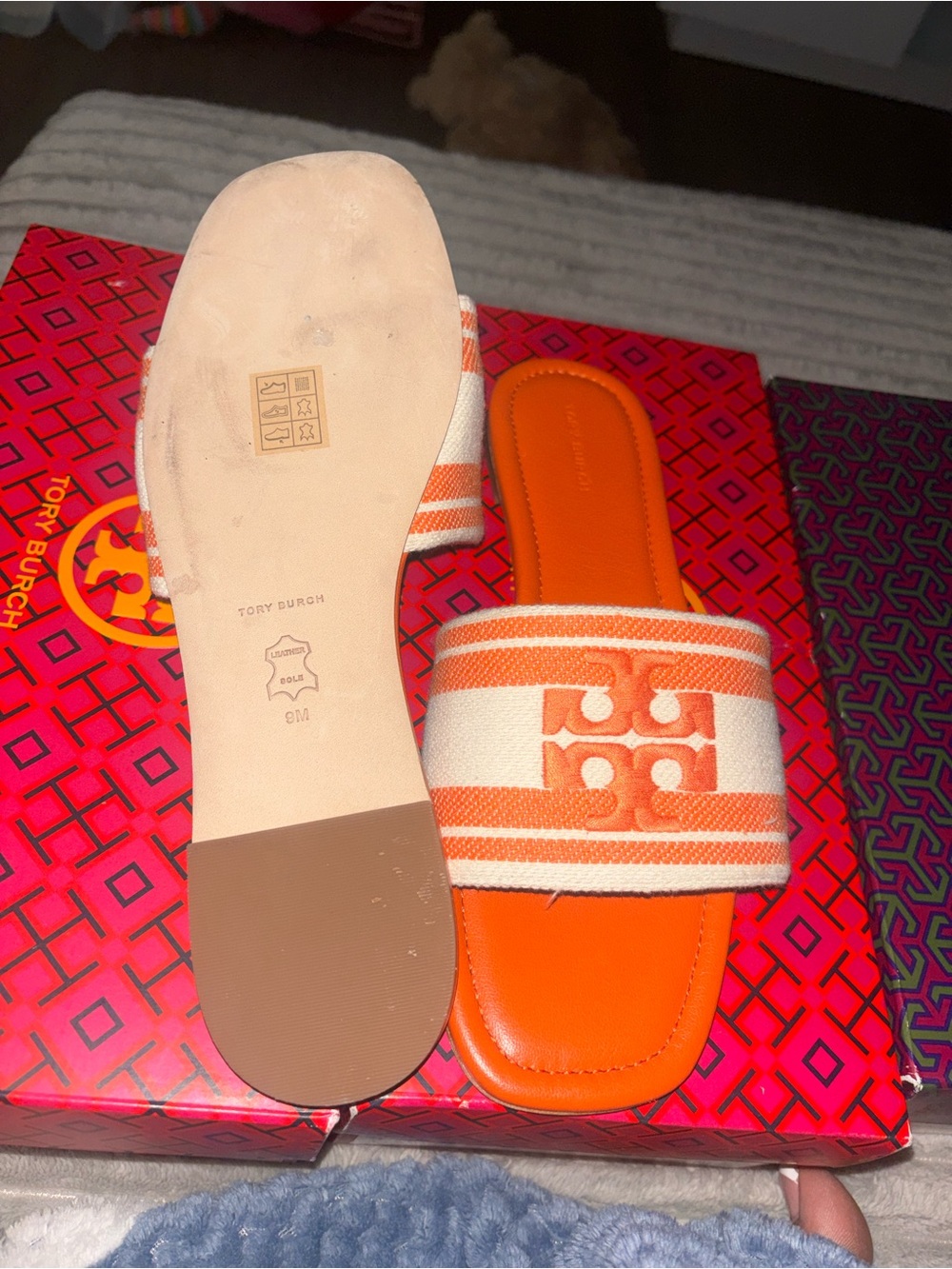 Tory Burch Orange and Cream Slide Sandals with Logo Strap - Picture 3 of 4